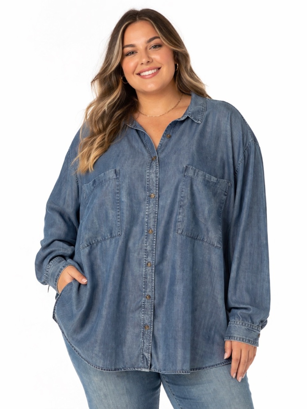 Woman Within Oversized Denim Button-Up Shirt - Blue